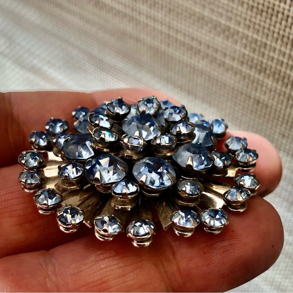Vintage Blue Rhinestone Domed Brooch Retro Midcentury - Picture 3 of 8